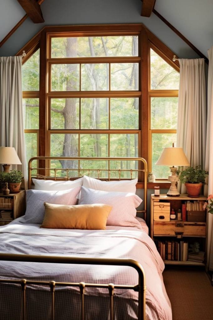 A cozy bedroom features a metal bed frame, white and striped bedding, wooden bedside tables with lamps, and large windows with forest views.