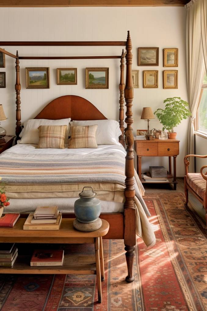 A cozy bedroom features a four-poster bed with striped linens and throw pillows, wooden furniture, framed artwork, a potted plant, and a large window letting in natural light.