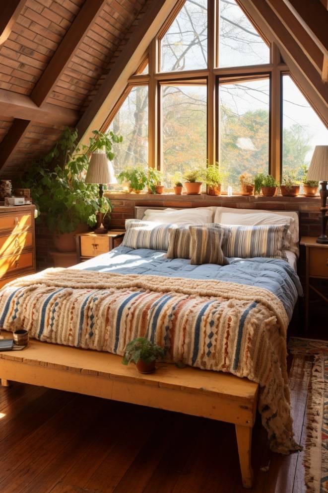 A cozy attic bedroom with a triangular window, wooden beams, several potted plants on the windowsill, a bed with a striped blanket and bedside tables with lamps.