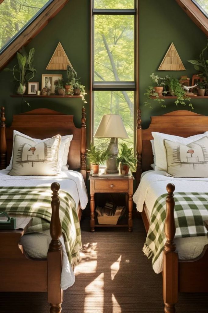 A cozy bedroom with two wooden beds under a sloping roof. Each bed has green and white checkered blankets and a shared bedside table with a lamp and potted plants in between.