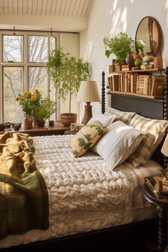 A cozy bedroom with a neatly made bed with pillows and a blanket, a wooden headboard with books and plants, a side table with a lamp and a large window letting in natural light.