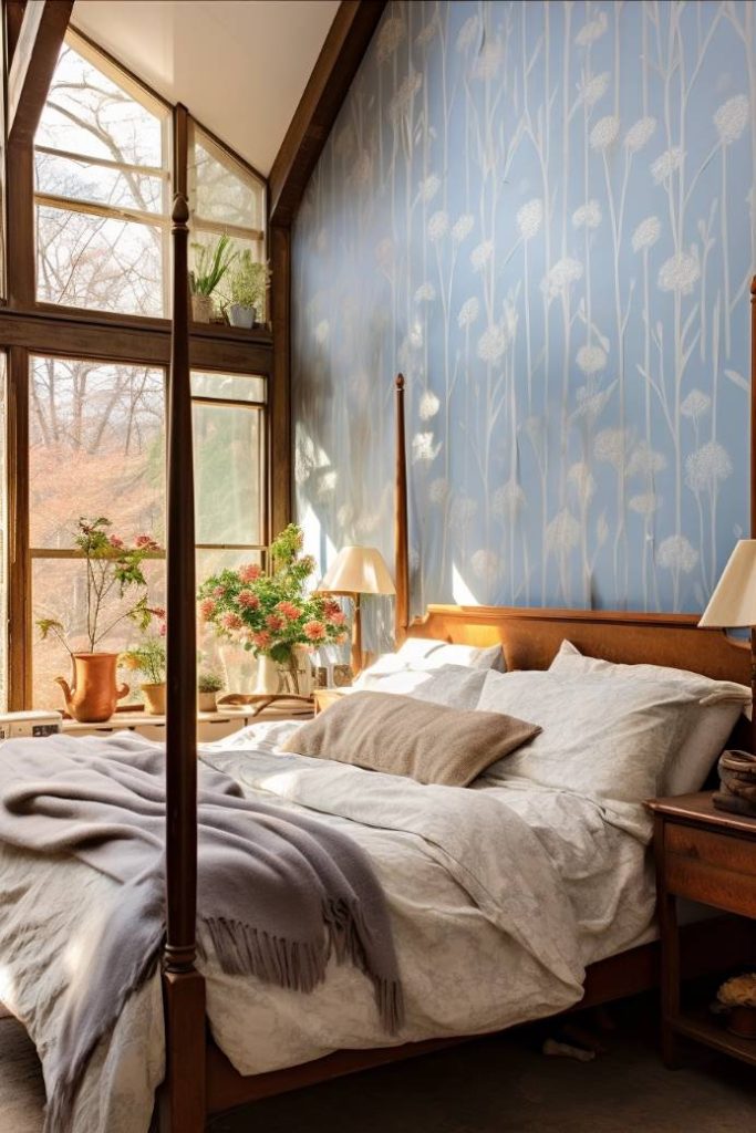 A cozy bedroom with a four-poster bed, blue plant-themed wallpaper, large windows, white linens and bedside tables with lamps and floral arrangements.