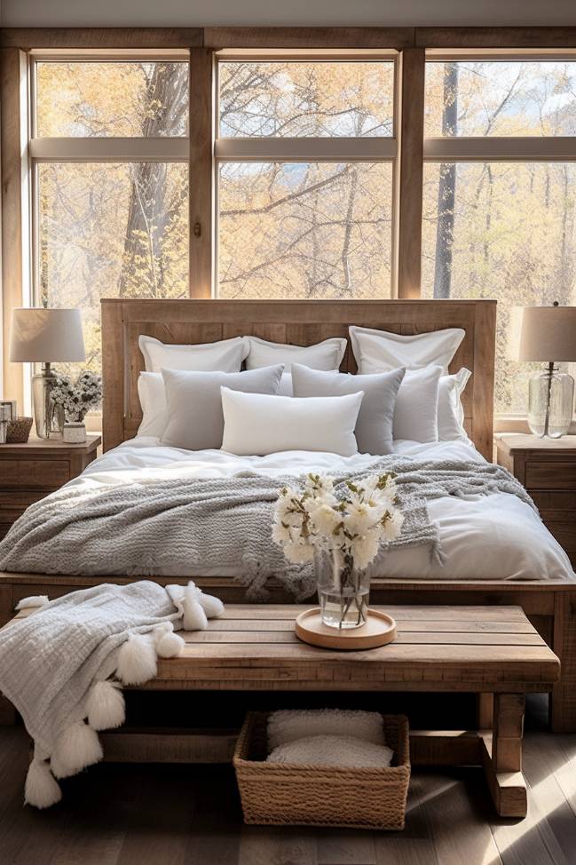 A cozy bedroom with a large wooden bed, white bed linen and a chunky gray knit throw. At the foot of the bed there is a wooden bench with a flower vase. Natural light comes in through the large windows.