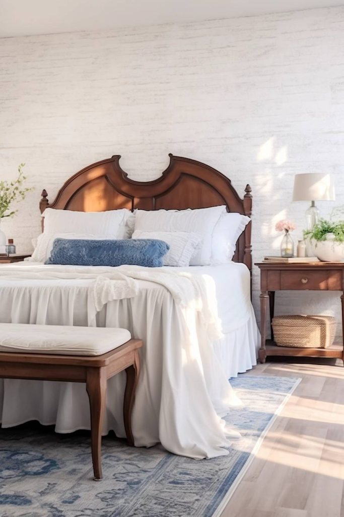 A neatly made bed with white linens and a blue accent pillow is framed by a wooden headboard. Next to it, there is a bedside table with a lamp, flowers and decor on a patterned blue carpet.