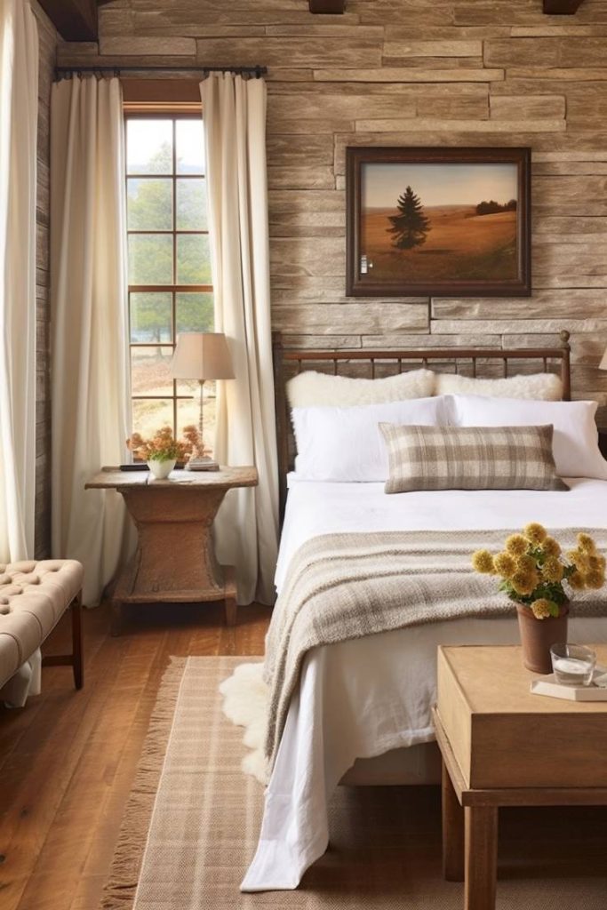 Cozy bedroom with wood-paneled walls, a bed with a beige and white checkered blanket, a bedside table, table lamps, a tufted bench, a textured rug and large windows with white curtains.