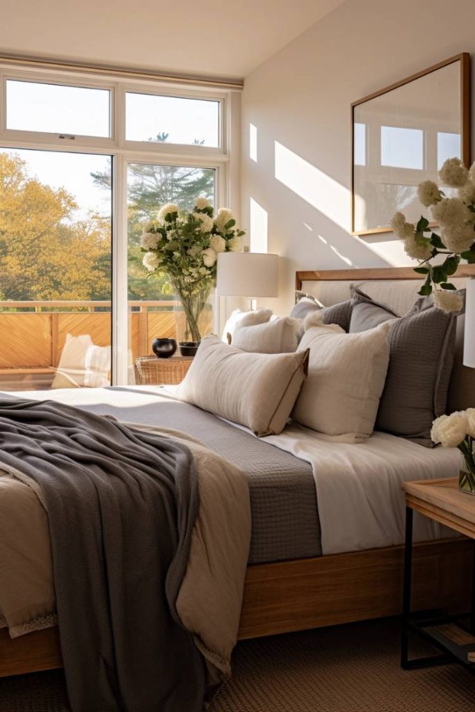 A cozy bedroom with a neatly made bed, large windows providing natural light, a blanket on the bed and flowers in a vase on a side table. A large framed picture hangs above the bed.