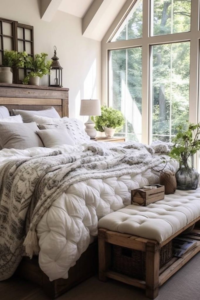 A cozy bedroom features a large bed with white and gray linens, a wooden headboard, an upholstered bench at the foot of the bed and large windows overlooking the leafy outdoor surroundings.