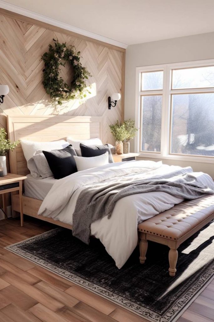 A well-lit bedroom with a bed with white and gray linens, a wooden headboard decorated with a wreath, bedside tables with plants and a bench at the foot of the bed. Large windows provide natural light.