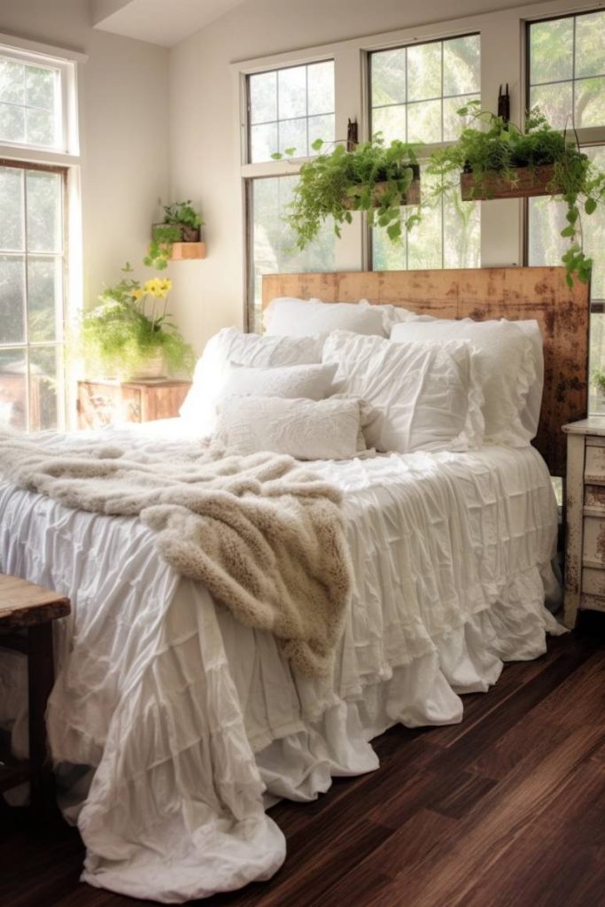 A cozy bedroom with a rustic wooden headboard, white ruffled bedding and several green plants on the window sills. Sunlight streams through large windows and illuminates the room.