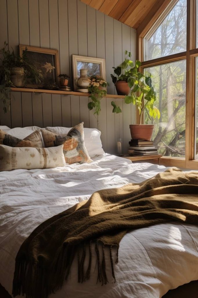 A cozy bedroom features a white bed with decorative pillows and a brown blanket, wooden wall paneling, potted plants, framed wall art, and a large window with outdoor greenery.