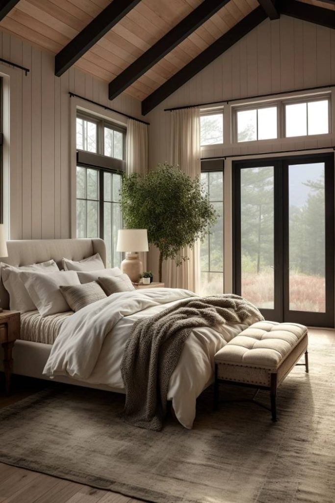 A cozy bedroom features a plush bed with a beige tufted headboard, layered bedding, and a knit throw. Natural light streams in through the large windows and French doors, enhancing the tranquil atmosphere.