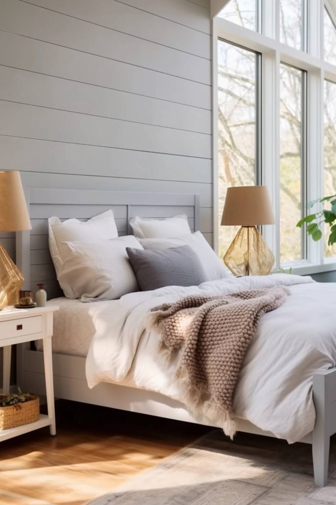 A cozy bedroom with a neatly made bed, white and gray linens and a knitted blanket. There are two lamps on bedside tables. Large windows fill the room with natural light.