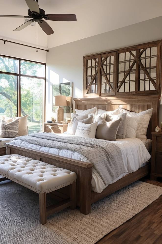 A cozy bedroom with a wooden bed frame, white bed linen and several pillows. There is a padded bench at the foot of the bed. Large windows let in natural light and accentuate the calm and airy space.