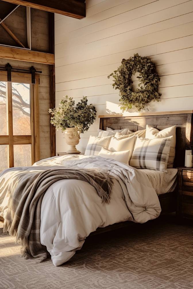 A cozy bedroom with a wooden bed frame, white and checked bedding, a rustic wreath on the wall and a potted plant on a side table, illuminated by warm natural light from a nearby window.