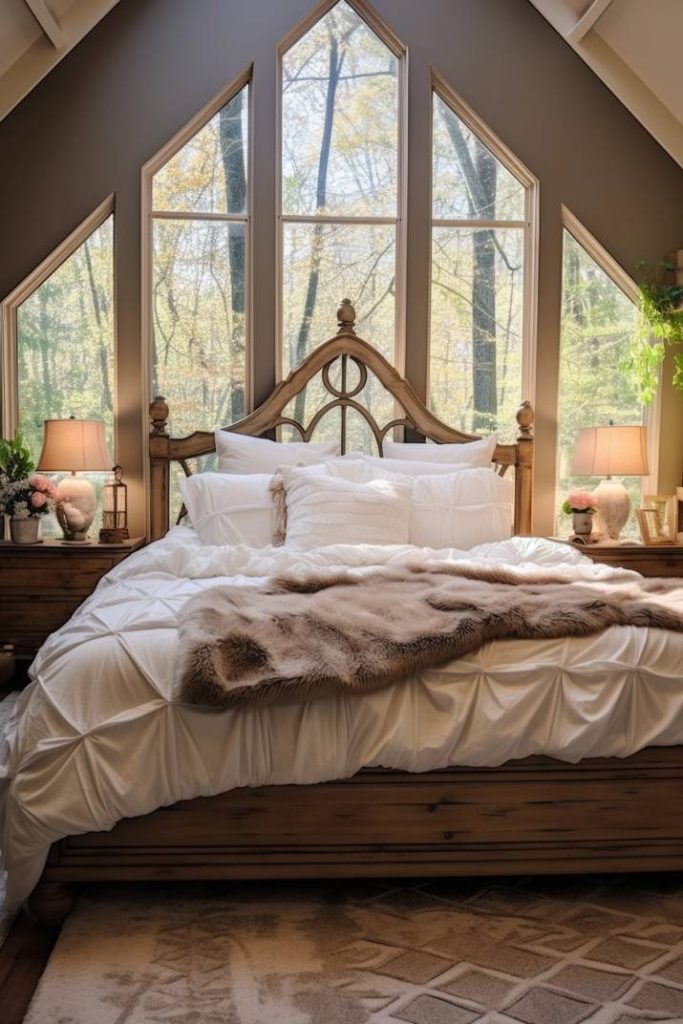 A cozy bedroom with a wooden bed, white linens, a fur blanket, bedside tables with lamps and large triangular windows overlooking a wooded area.