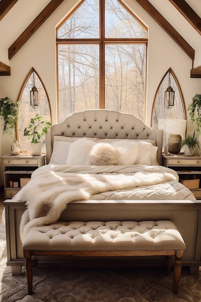 A cozy bedroom features a tufted bed with white linens and a fur throw, flanked by side tables with lamps and plants, all beneath large windows overlooking leafless trees.