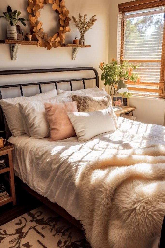 A cozy bedroom with a neatly made bed with white and pastel pillows, a fluffy blanket, a wooden shelf with decor and sunlight coming in through a window with wooden blinds.