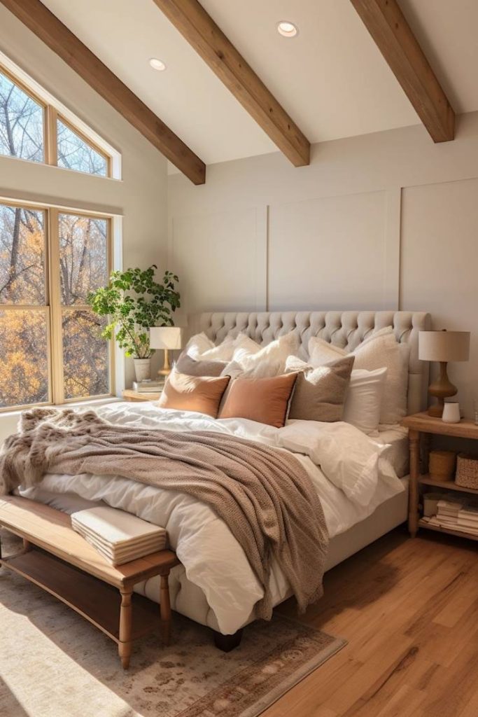 A cozy bedroom with a large bed with white and beige linens, a tufted headboard, wooden nightstands and a bench. Exposed ceiling beams and a large window provide natural light.