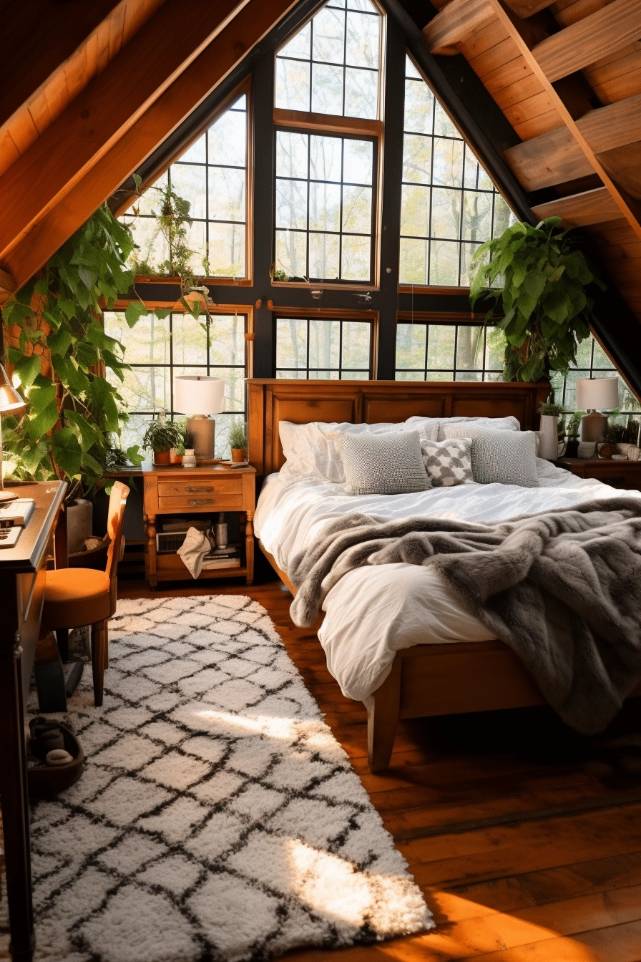 A cozy attic bedroom with a sloping wooden ceiling and large lattice-patterned windows, a bed with gray and white linens, green plants, a desk and a patterned carpet.