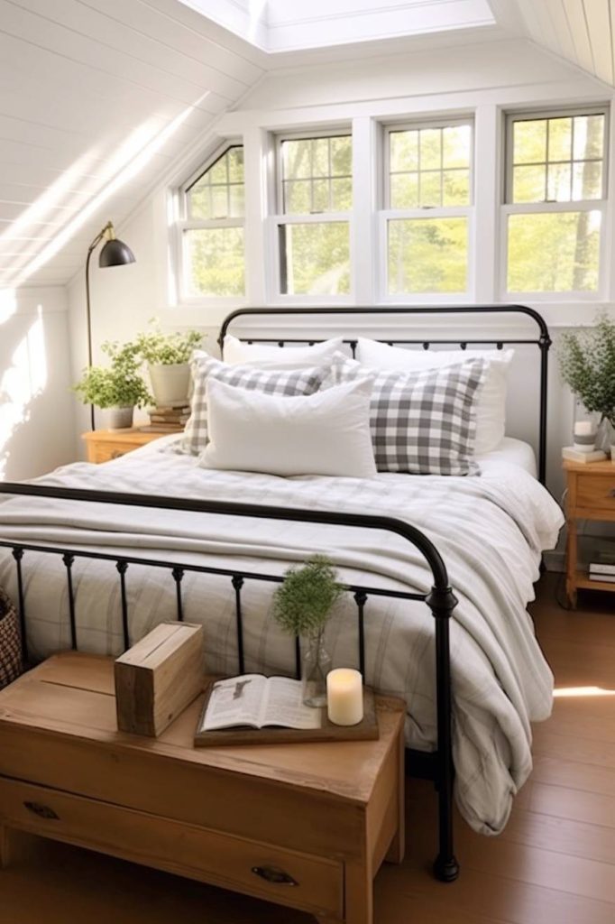 A cozy bedroom with a black metal bed frame, white and gray checkered pillows, a wooden bench with books and a candle, and large windows letting in natural light.