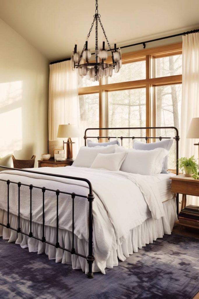 A bedroom with a black metal bed frame, white bedding, matching bedside tables with lamps, a large window with sheer curtains and a chandelier hanging from the ceiling.