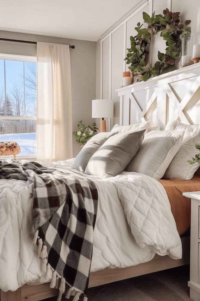 A sunlit bedroom with a neatly made bed, white linens, gray pillows and a checked throw. A large wreath adorns the headboard and a window with beige curtains offers a view of a snowy landscape outside.