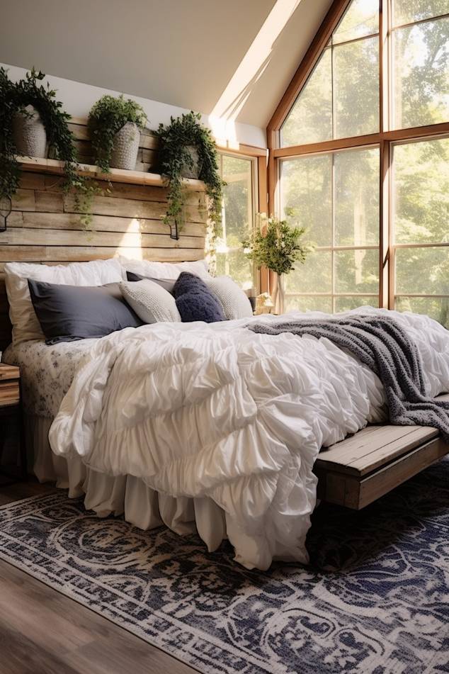 A cozy bedroom with a large window, white bed linen, decorative pillows and a wooden bench at the foot of the bed. There are potted plants on a shelf above the bed and a patterned carpet on the floor.