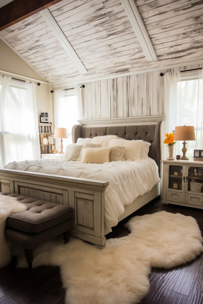 Farmhouse bedroom with stunning contrast between dark wooden floors and distressed white wooden panels on the walls and ceiling