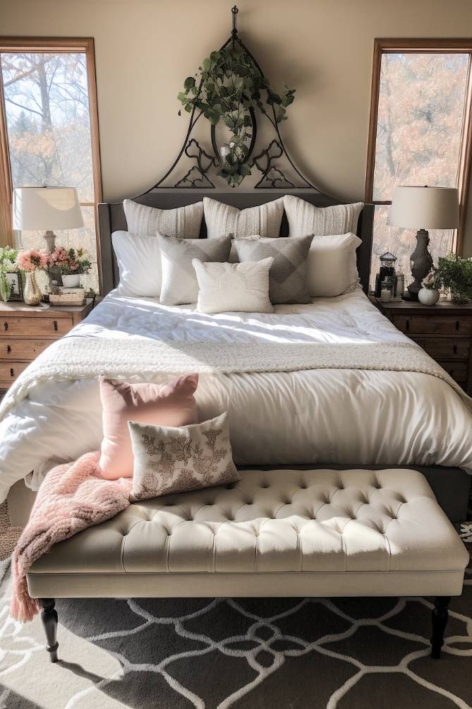 A well-decorated bedroom features a bed with white linens, plenty of pillows and a wrought iron headboard. There are bedside tables with lamps, plants and a cushioned bench at the foot of the bed.