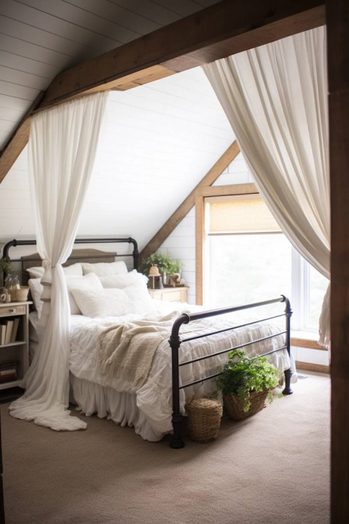 A cozy loft bedroom features a metal bed frame, white bedding, sheer curtains, a large window and is decorated with plants and woven baskets.