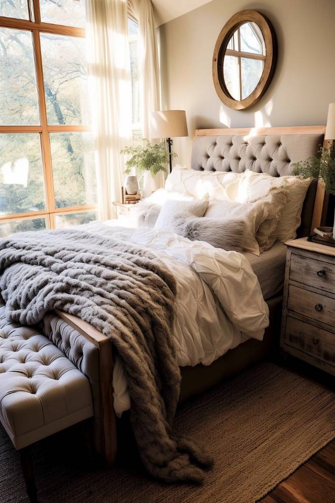 A cozy bedroom filled with natural light features a bed with a tufted headboard with white linens, a textured gray throw, wooden side tables, a round wall mirror, a bench at the foot of the bed and tall windows.