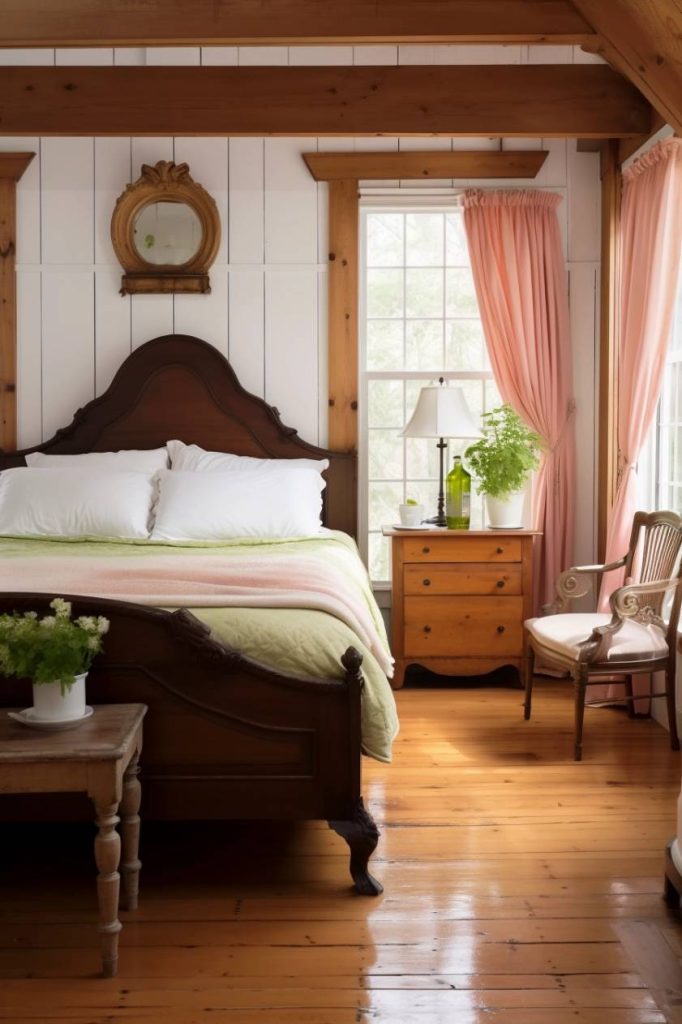 A cozy bedroom with a wooden bed, pink curtains, potted plants and a wooden bedside table with a lamp.