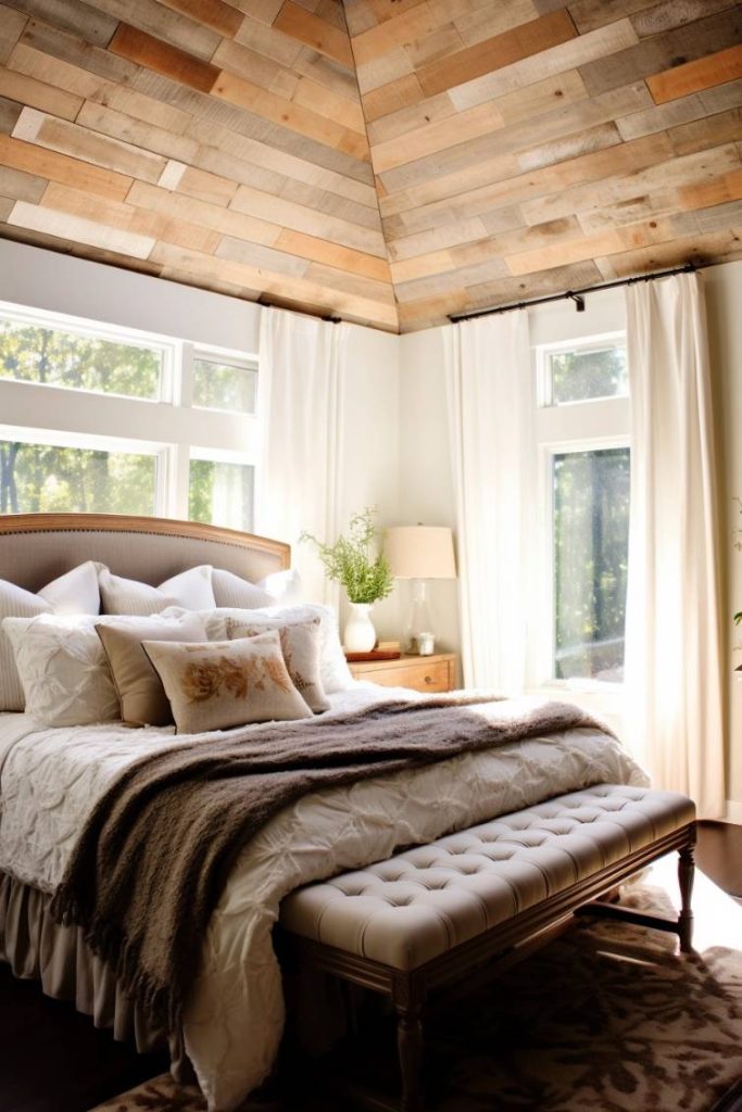 A cozy bedroom with a wooden ceiling, a large bed with white linens and throw pillows, an upholstered bench at the foot, large windows with white curtains and a bedside table with a lamp and plant.