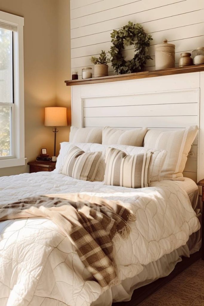 A cozy bedroom with a white wooden headboard, neatly arranged pillows, a checkered blanket at the foot of the bed and various decorative items on the headboard shelf. On the left there is a window and a burning lamp.