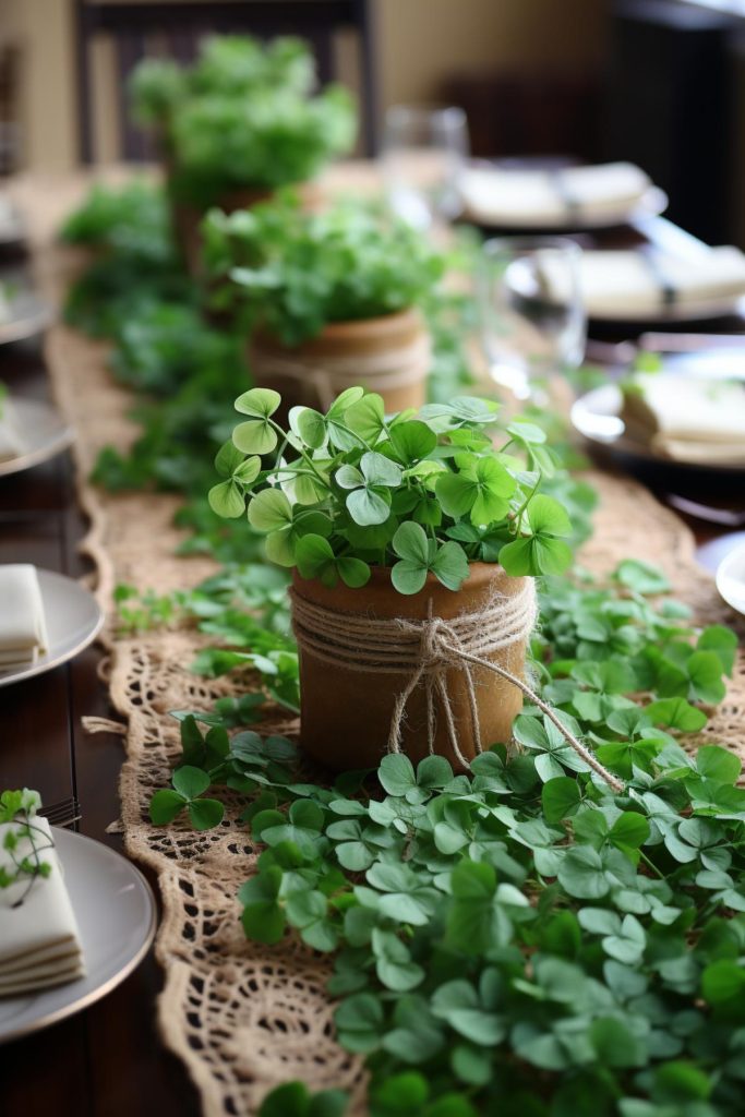 This setup features adorable shamrock plants in brown pots adorned with adorable twine. 