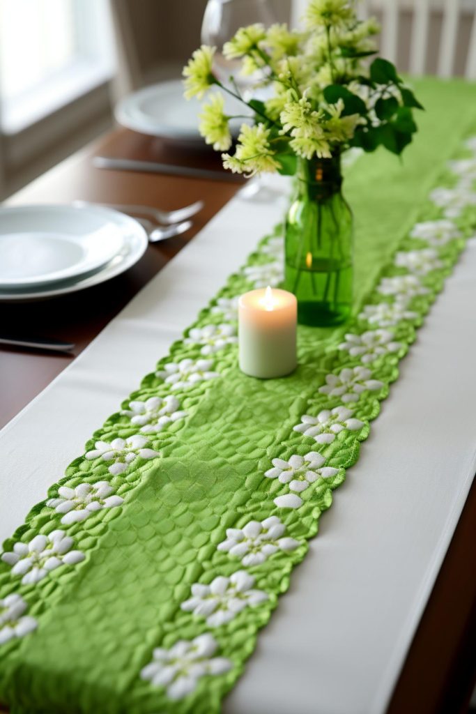 Table in the spirit of St. Patrick with a charming table runner decorated with embossed shamrocks and floral patterns