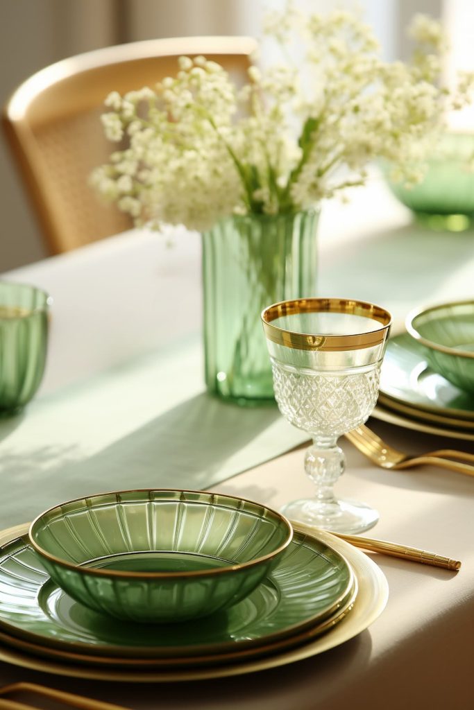 Featuring green leaf-patterned dinnerware, gold-rimmed crystal wine glasses, and <a href=