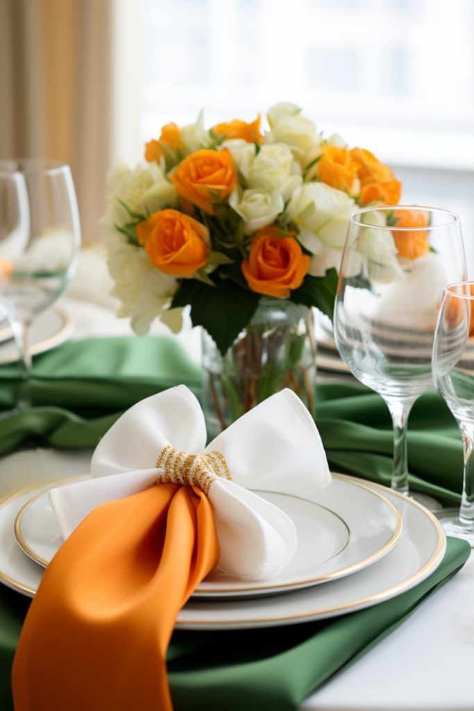 White and orange napkins are expertly folded on <a href=