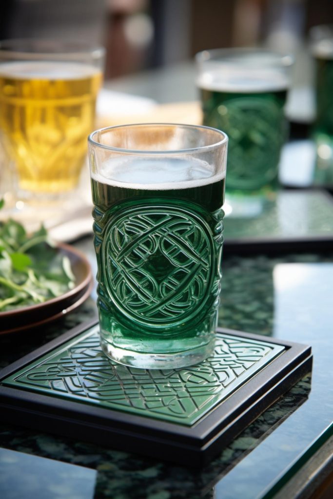 Get clear glasses with intricate engraving of Celtic knots and place them on black-framed green coasters with a similar pattern. 