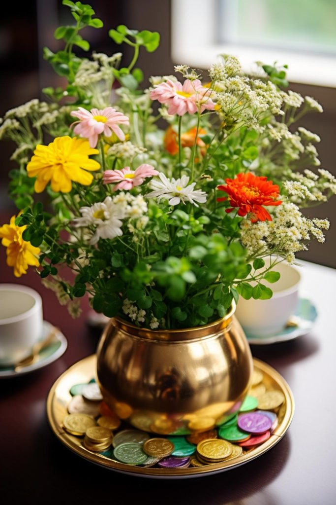 Like the famous pot of gold in Irish folklore, this golden pot overflows with a rainbow of yellow, pink, orange and white flowers among green leaves.