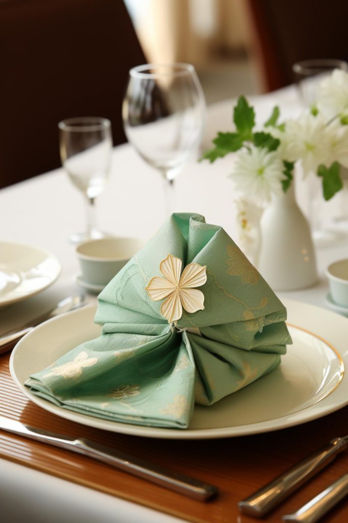 This light green napkin is delicately folded into a standing design and features gold floral embroidery with a gold shamrock napkin ring in the center, combining luxurious elegance and holiday tradition.