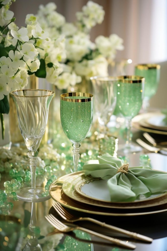 Light green napkins with an ornate gold ring are placed on gold and white plates, setting the scene for a lavish feast