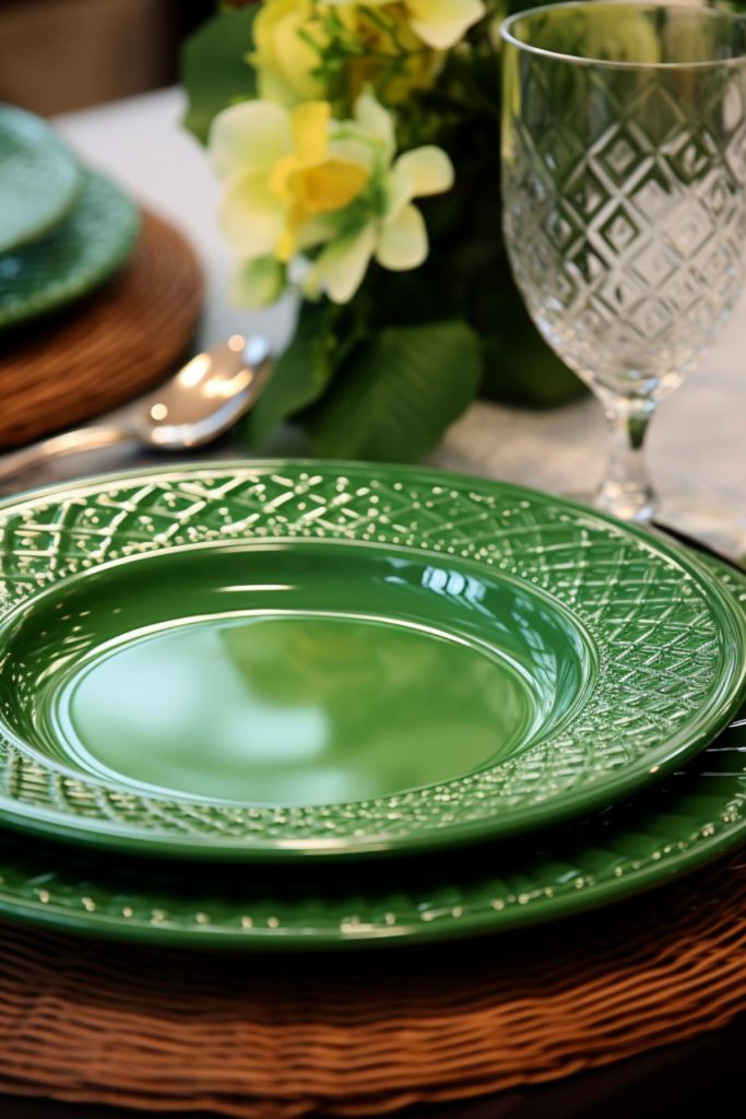 Green dinner plates with embossed diamond patterns