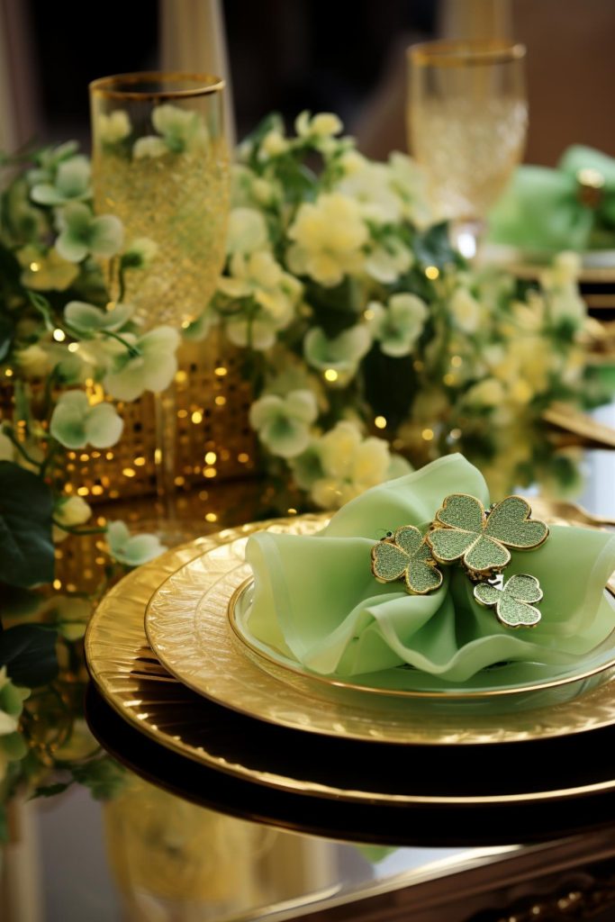 This light green napkin lies on beautiful and intricately patterned gold plates, which is artfully folded into the shape of a shamrock and is accentuated by glittering green shamrock decoration with gold lining. 