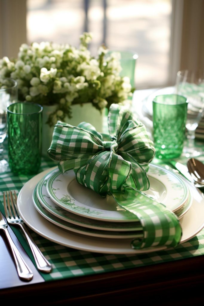 This bright green checkered ribbon rests gently on pristine white plates, each decorated with a graceful leaf pattern. 