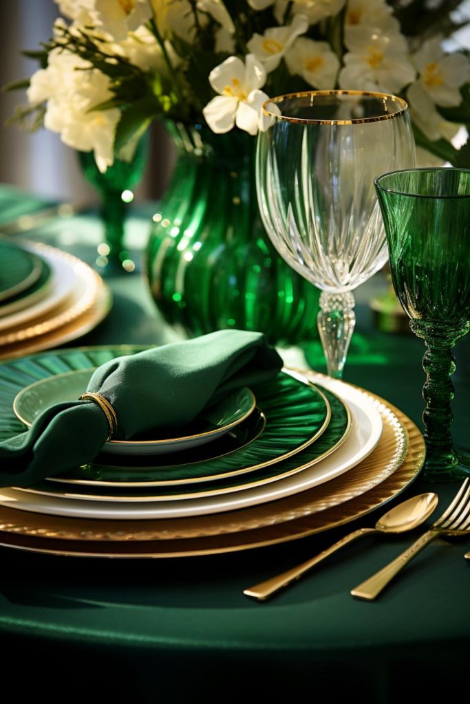 An alluring deep green napkin – finished with a gold ring – rests gracefully on a plate that combines green and gold with embossed leaf patterns. 