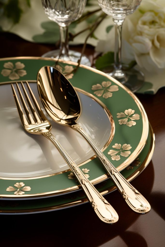 The crown jewel of this table is a pristine white plate surrounded by a gold-rimmed green band with gold shamrock leaves and a matching border, creating a regal aesthetic.