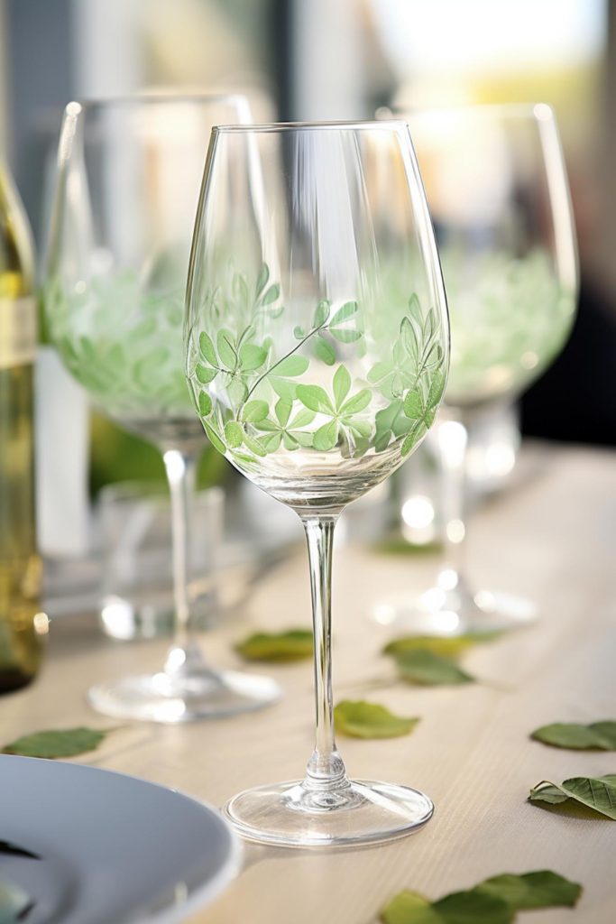 Paint soft green shamrock leaves on clear wine glasses and scatter faux leaves on the table for an aesthetically pleasing St. Patrick's theme - perfect for last-minute decorations