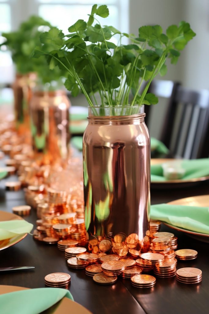 A fresh shamrock plant nestled in a warm copper pot and surrounded by scattered copper coins on the table offers you a unique and subtle way to add a touch of St. Patrick's Day cheer.