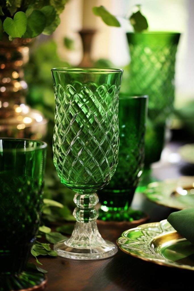 These elegant green-tinted glass goblets are both decorative and functional: they create an instant table setting while also inviting guests to join in the St. Patrick's Day cheer with a celebratory beverage.